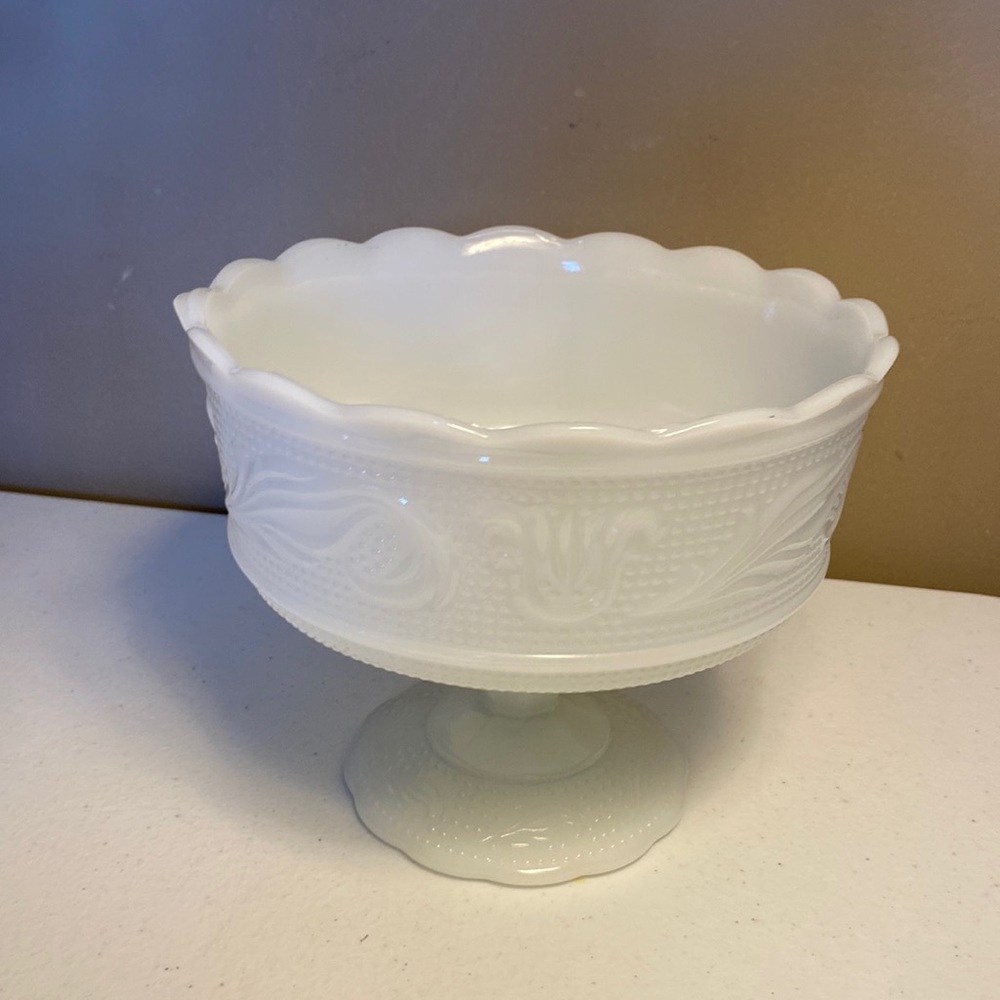 E.O. Brody White Milk Glass Pedestal Candy Dish